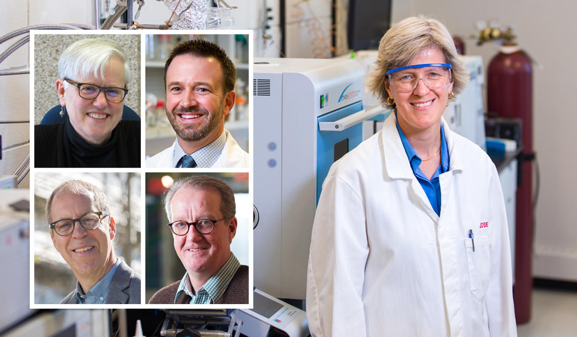 Killam Annual Professors, clockwise from top left: Susan Bennett, Michael Kallos, Josephine Hill, Bernhard Mayer, and David Hodgins.