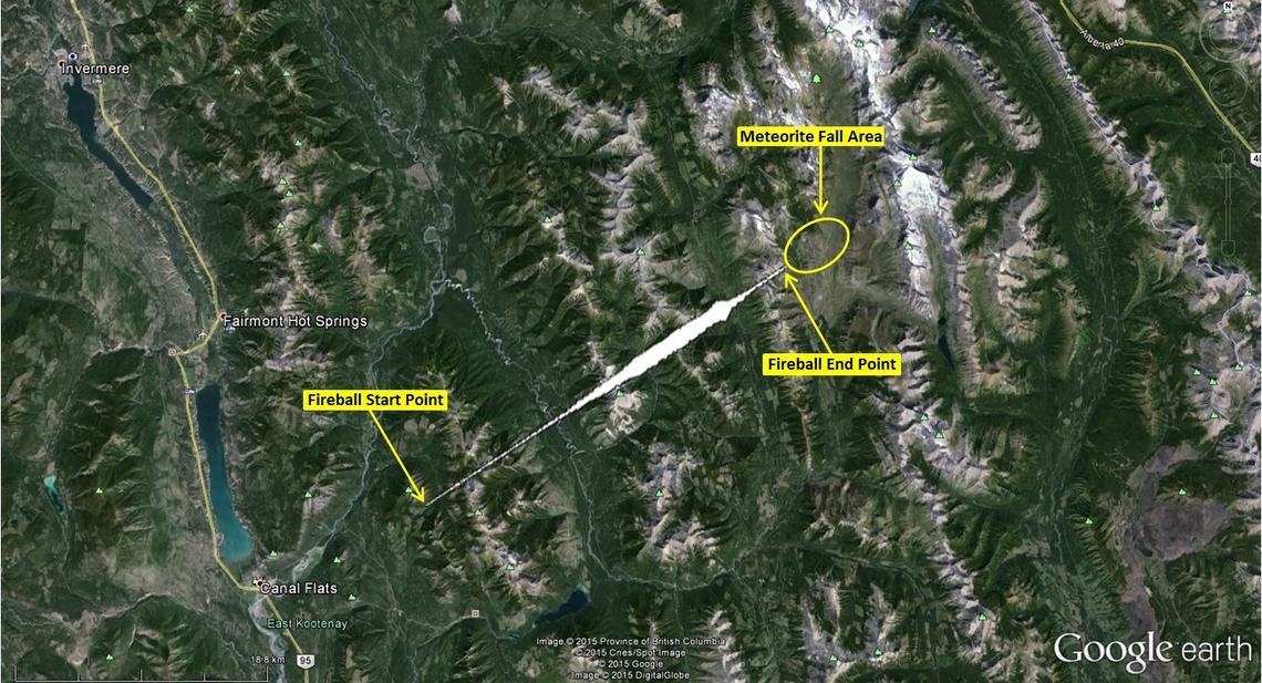 Satellite image of eastern British Columbia showing the location of the fireball trajectory, projected onto the ground and estimated meteorite fall area as a yellow ellipse.  The end of the fireball was about 40 km east of Fairmont Hot Springs.  An eyewitness in Canal Flats would have seen the fireball travel almost straight downwards in the sky.  (Figure constructed on Google Earth base)