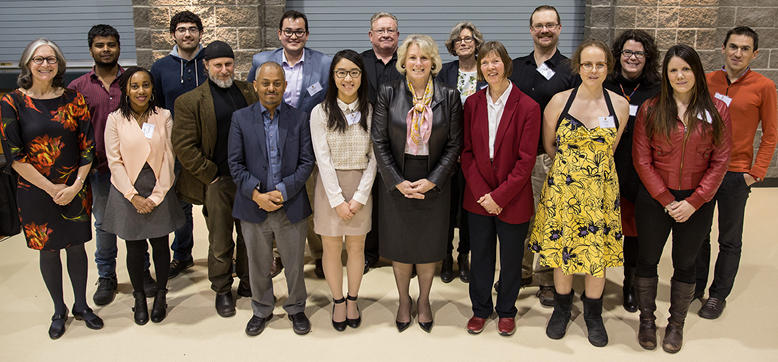 UCalgary's 2017 Sustainability Award winners pose for a group photo with President Elizabeth Cannon, centre, and Joanne Perdue, chief sustainability officerm, at left.