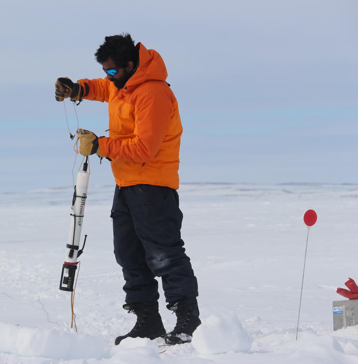 Vishnu Nandan, Geography Eyes High doctoral candidate, working on sea ice near Cambridge Bay