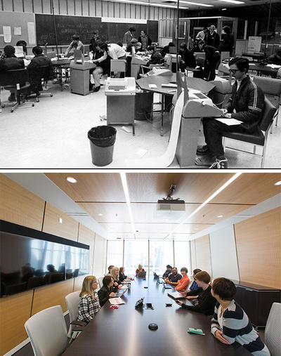 Technology used in classrooms and the overall look and feel of learning spaces at the University of Calgary have shifted dramatically over the last 50 years. In the top photo, visitors use large computers in the Math Department during an open house at the University of Calgary in 1973. Lower photo, students engage in collaborative conversation in a conference room at the new Taylor Institute for Teaching and Learning, where personal laptops and tablets are the norm. 