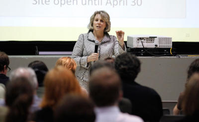University of Calgary President Elizabeth Cannon answers a question from a member of the audience during the first budget town hall on March 21, 2013.  