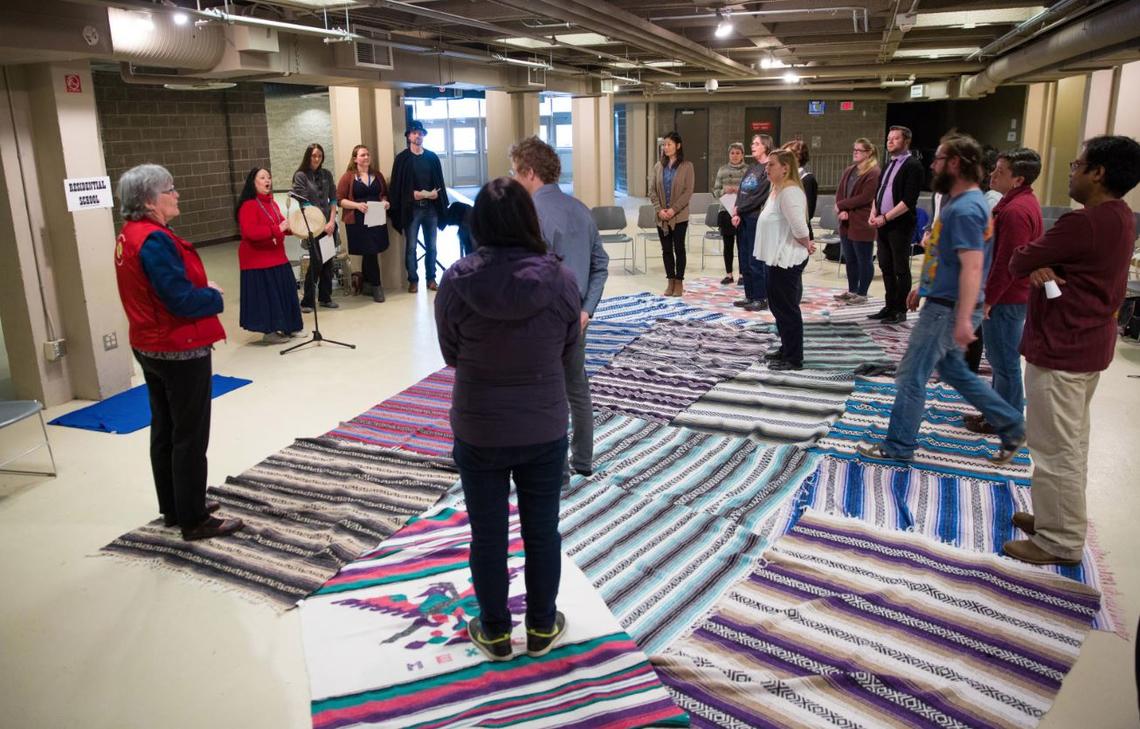 Blanket Exercise participants take on the roles of Indigenous peoples in Canada. Standing on blankets that represent the land, they walk through pre-contact, treaty-making, colonization and resistance. 