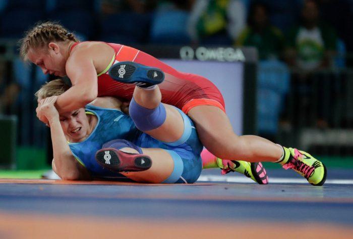Wiebe wrestles against Vasilisa Marzaliuk of Belarus during the women's 75-kg freestyle wrestling competition.