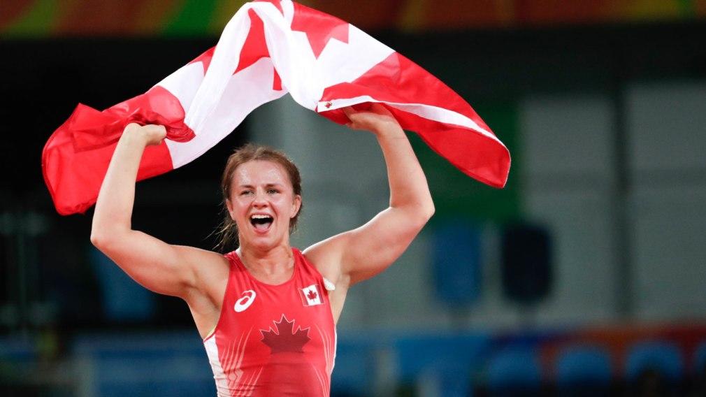 Team Canada’s Erica Wiebe celebrates her gold medal match in women’s wrestling at Carioca Stadium, Rio de Janeiro, Brazil, on Aug. 18, 2016.