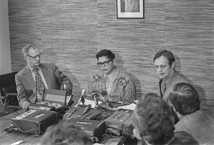 Pictured on Dec. 18, 1970, during federal negotiations over the legal status of Aboriginal people, were, from left: Alberta Premier Harry Strom; Harold Cardinal, president of the Indian Association of Alberta; and Canada Minister of Indian Affairs Jean Chrétien.