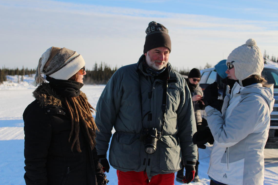 Schulich School of Engineering undergrad Kirsten Arnason, left, conducted a research project using cameras to measure aspects of the Northern Lights as part of the Faculty of Science’s team outside of Yellowknife in the spring of 2018. With Arnason are Eric Donovan and Emma Spanswick.