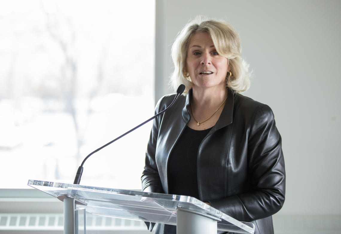 President Elizabeth Cannon addresses guests at the opening of the Owerko Centre at the Alberta Children’s Hospital Research Institute.