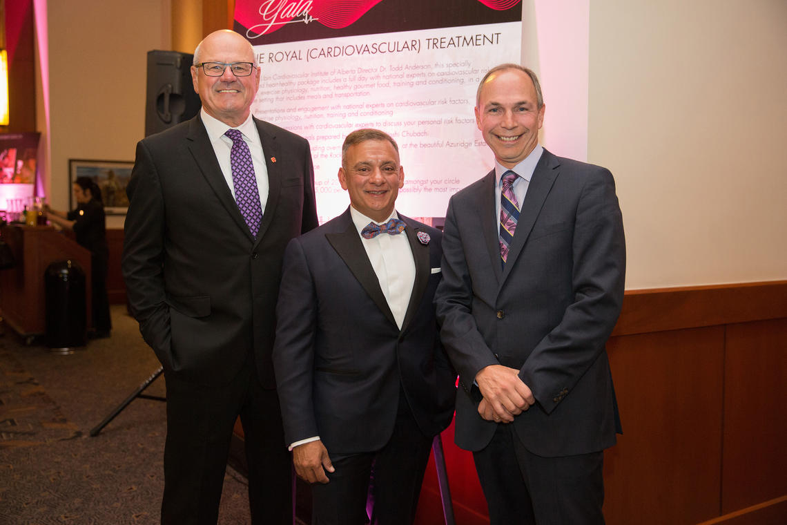 Ken King, gala co-chair and president/CEO, Calgary Sports and Entertainment Corporation, Tony Dilawri, gala co-chair and partner, Dilawri Group of Companies, and Dr. Todd Anderson, director of the Libin Institute, pose during the Libin Cardiovascular Institute of Alberta's fourth annual The Beat Goes on Gala.