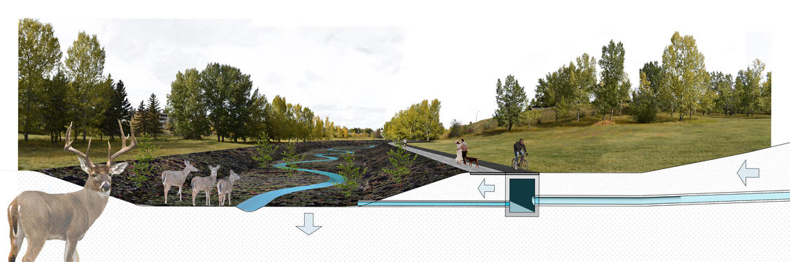 In this rendering, Tawab Hlimi explains a daylighted Confederation Creek is visualized as ecological stormwater infrastructure. Image courtesy Tawab Hlimi