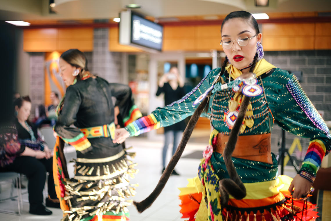 Jingle dancers Amelia Crowshoe, left, and Savanna Sparvier at the opening ceremony for Indigenous Awareness Week 2018.
