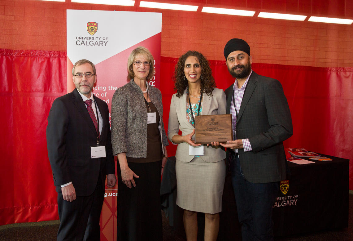 From left, Deputy Provost Kevin McQuillian, Dianne Tapp, dean of the Faculty of Nursing, and Raman Kapoor and Dr. Anmol Kapoor of the DIL Walk Foundation, partners in the new Guru Nanak Dev Ji DIL (Heart) Research Chair to benefit the study of cardiovascular health in the South Asian population.