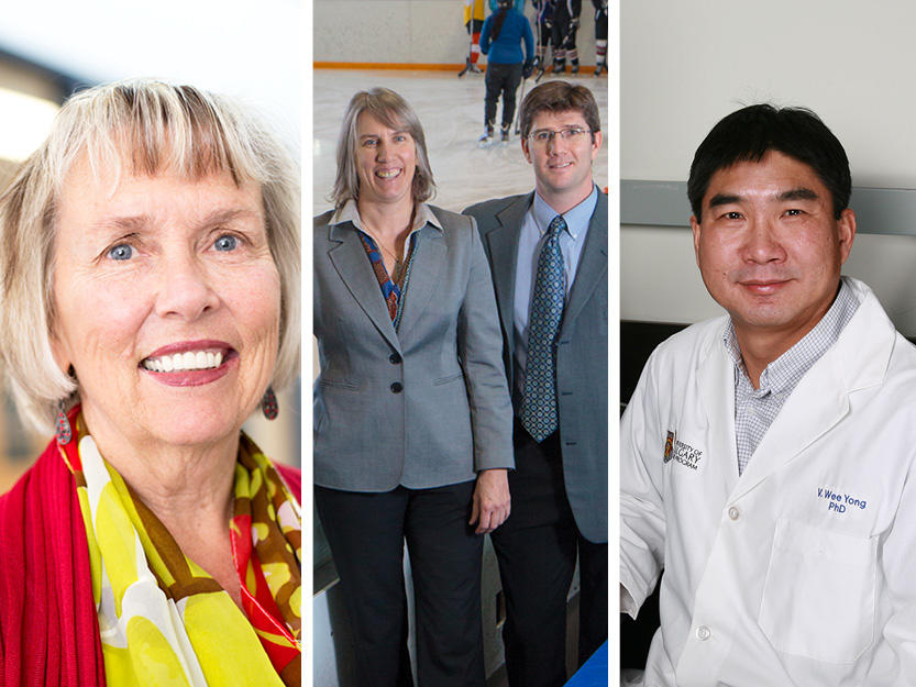 From left, 2015 Peak Scholars Deb White, Faculty of Nursing; Carolyn Emery and Brent Hagel, Faculty of Kinesiology; and Dr. V. Wee Yong, Cumming School of Medicine. 