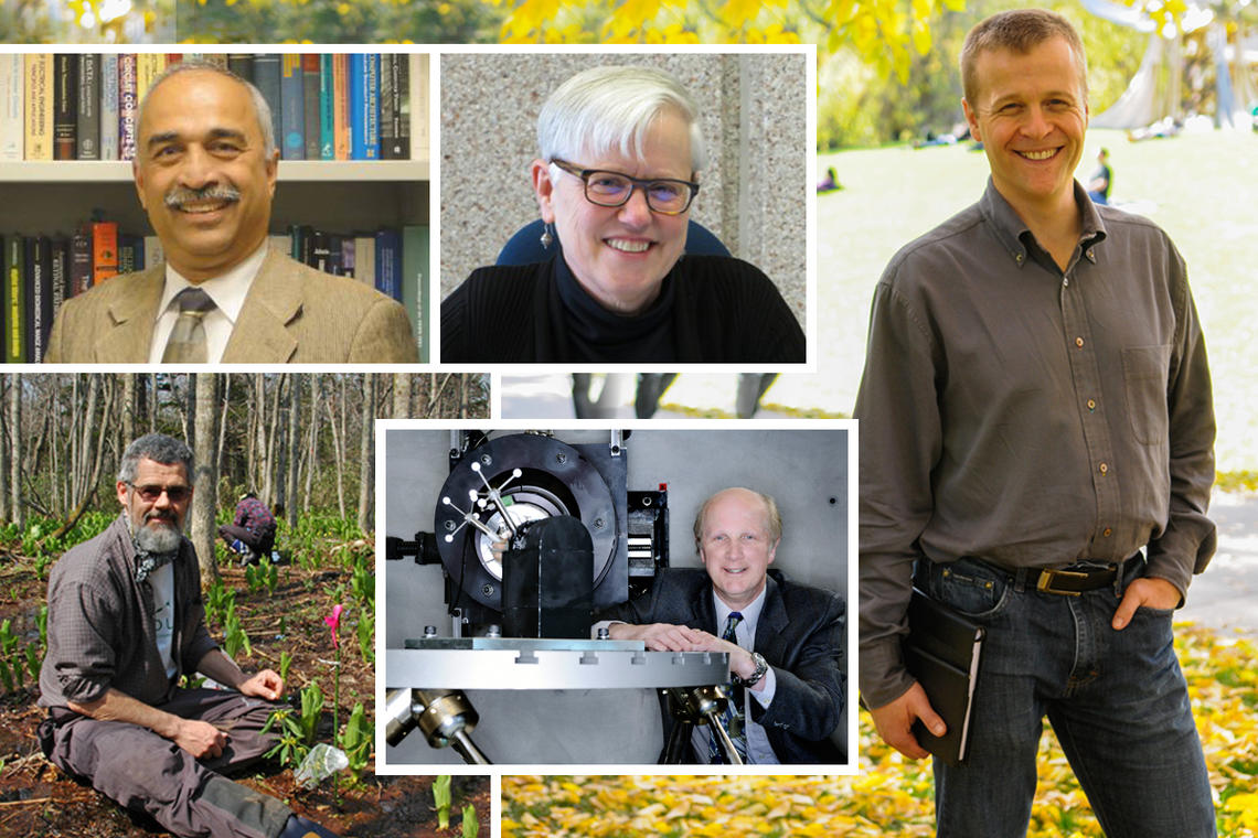 Five University of Calgary scholars who will be inducted as Royal Society of Canada New Fellows are, clockwise from top left: Rangaraj M. Rangayyan, Susan Bennett, Christian BöK, Nigel Shrive and Lawrence Harder. 