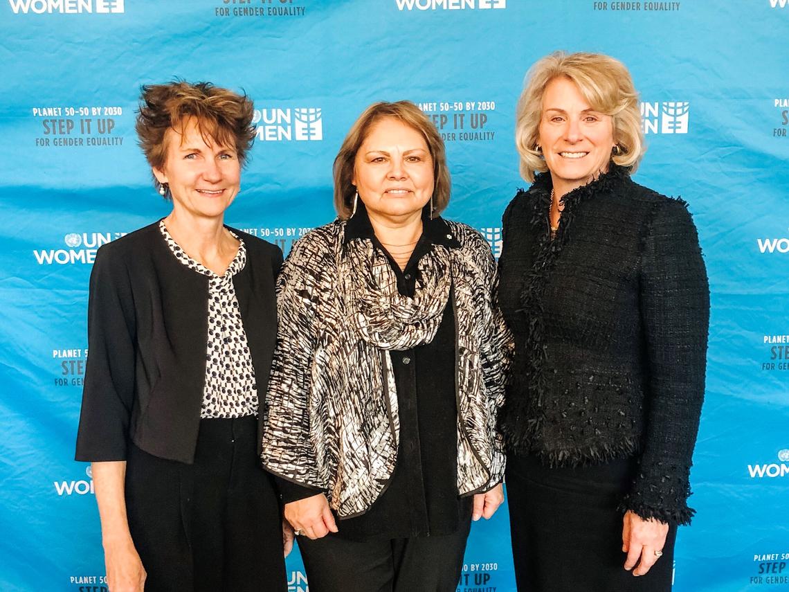 Suzanne Tough, left, Marie Delorme and Elizabeth Cannon were honoured for their leadership on International Women's Day (March 8) in New York. UN Women photos
