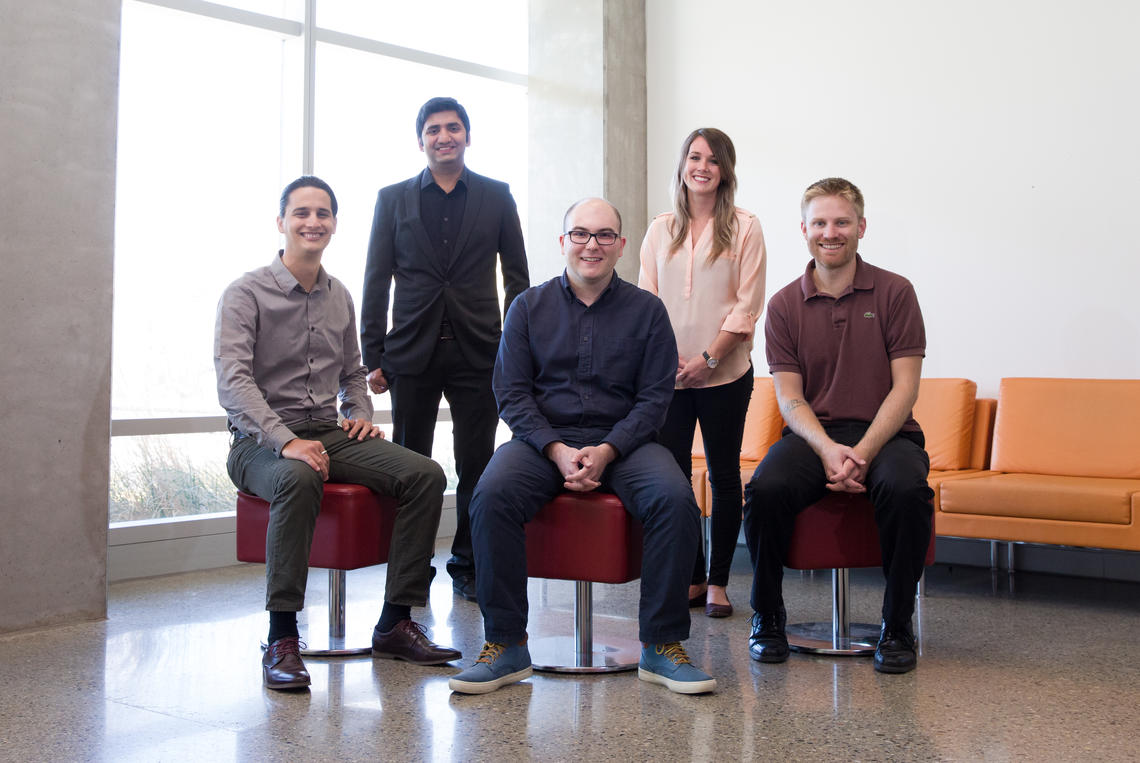 From left, 2015 Vanier Scholars Carlos Enriquez-Victorero, Muhammad Omer, Alper Aksac, Jessica Switzer and Kyle Wilson. Absent from photo: Ahmed Mostafa, Alexandra Robinson, Elias Nyanza, Muhammad Omer, Robert Mayall.