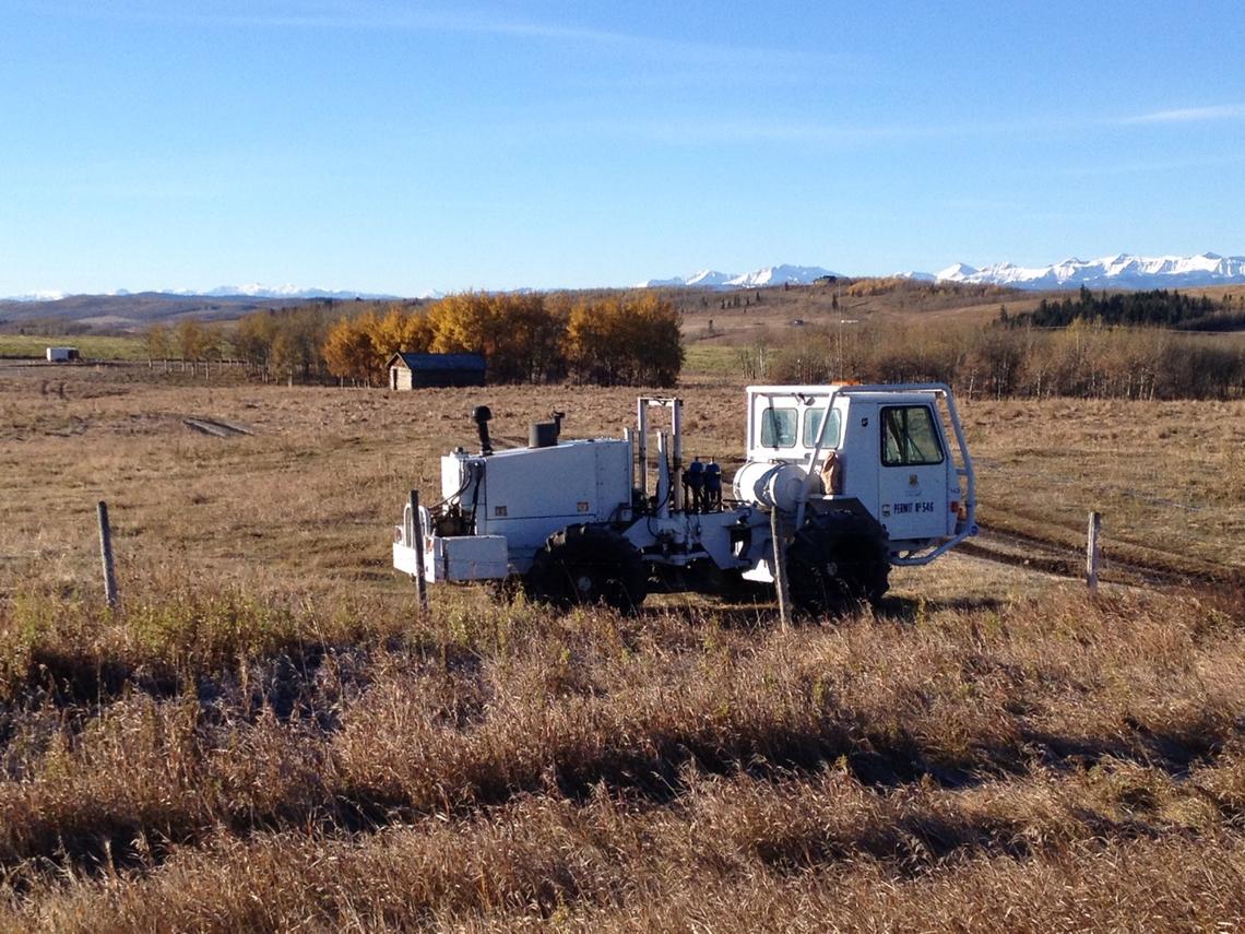 CREWES has its own-state-of-the-art equipment to conduct advanced seismic surveys like this large “vibe” vehicle which has a 17,000-pound force vibrator that can send sound waves more than two kilometres underground.