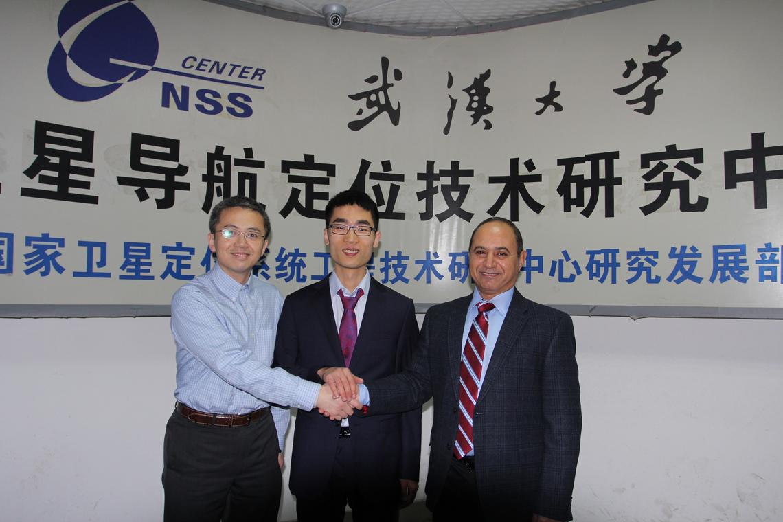 From left, Xiaoji Niu, Li's supervisor at Wuhan University; You Li and Naser El-Sheimy, Li's supervisor at the University of Calgary. The photo was taken after Li’s defence in front of the GNSS Research Center at Wuhan University in China. 