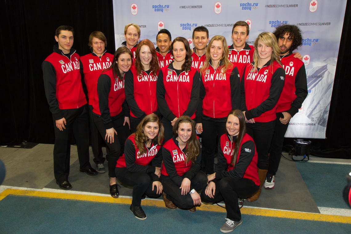 Most members of the long track Canadian Olympic Speed Skating Team were on hand at the Olympic Oval for the announcement Wednesday. Gilmore Junio is pictured in the back row, fourth from left.