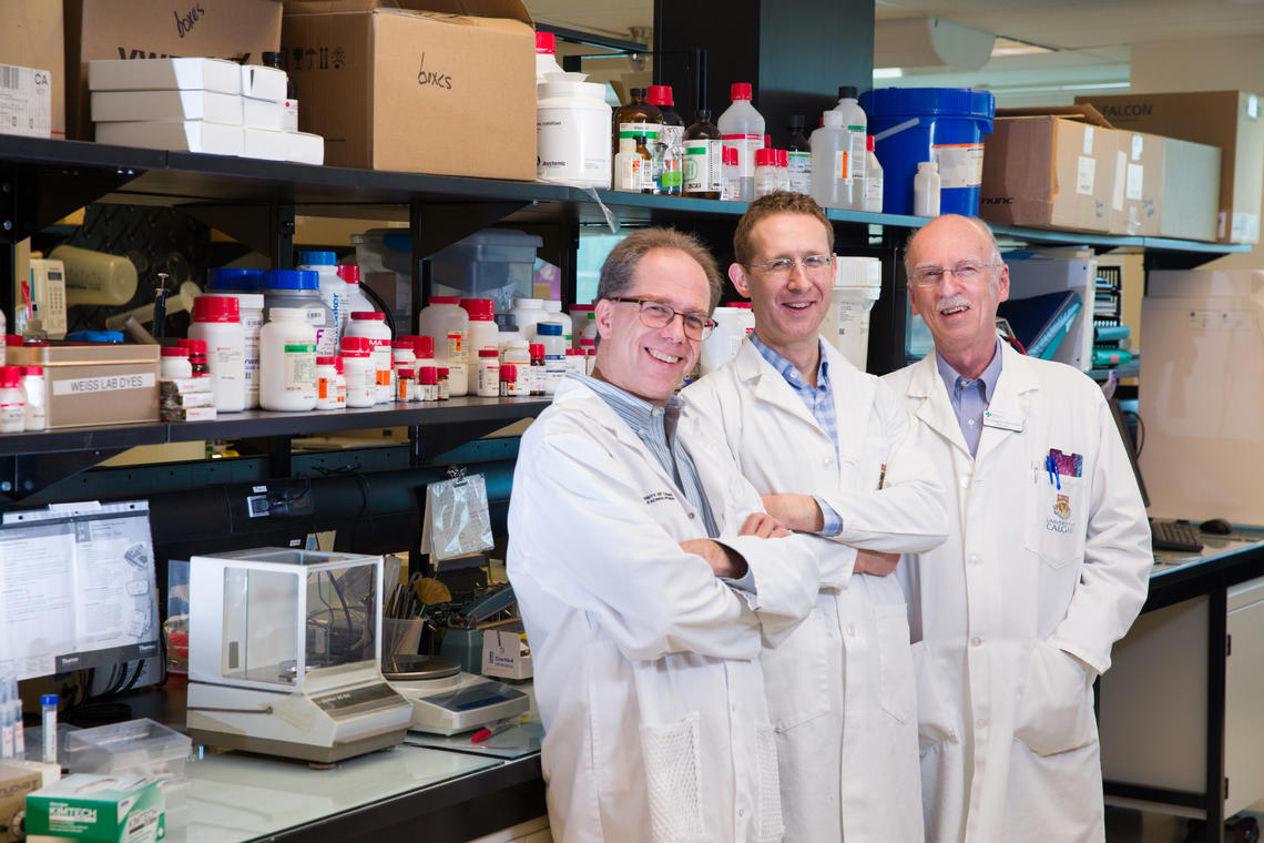 University of Calgary scientists Samuel Weiss, left, John Kelly and Greg Cairncross are part of a team of investigators at the Clark H. Smith Brain Tumour Centre working to revolutionize the detection, prevention and treatment of brain cancers. Photo by Riley Brandt, University of Calgary