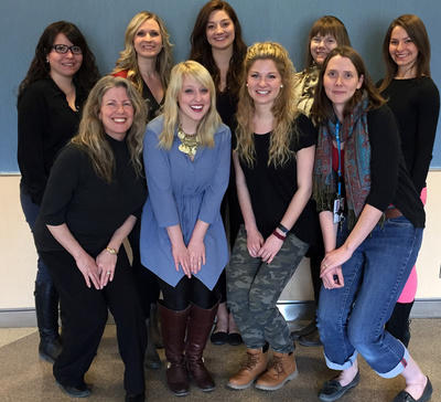 The student group includes, back row from left: Brianna Rizzuti, Amy Brown, Julia Dubinski, Laura Tupper and Anna Golovaneva. Front row: nursing instructor Melanie Lind-Kosten, Chantal Moore, Stephanie King and nursing alum and community rep Mandy Loates.