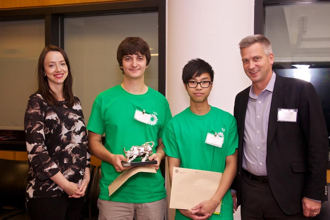 Zoe Anderson (Manager, Market Analysis Canada, BP Canada), Taylor Ronsky (first place winner), Jason Chen (second place winner), Del Robostan (Senior vice president, global oil, BP Canada)