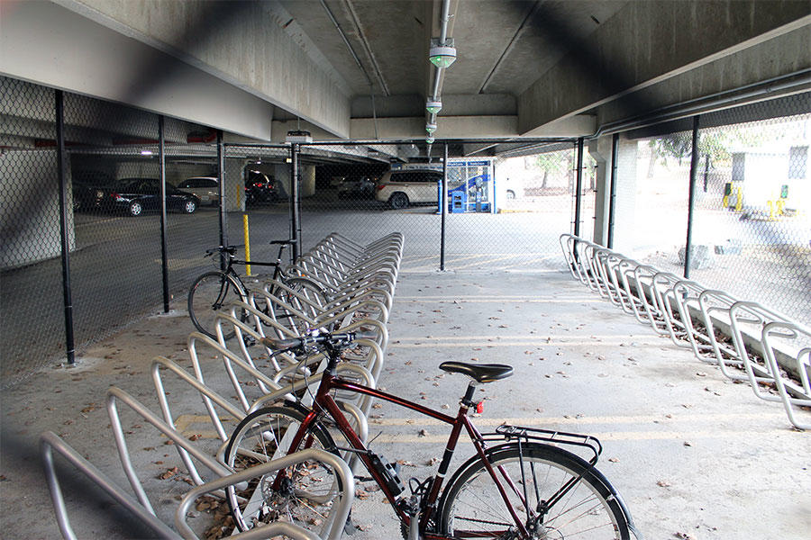 The bike compound is accessible from a pedestrian entrance on the east side.