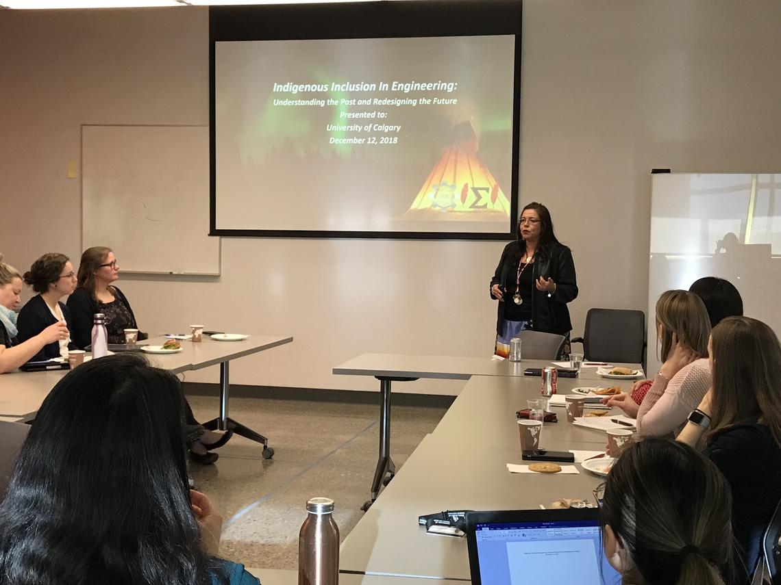 Deanna Burgart presents a talk on Indigenous inclusion in engineering, funded by one of ii' taa'poh'to'p's Intercultural Capacity Building Grants. Schulich School of Engineering photo