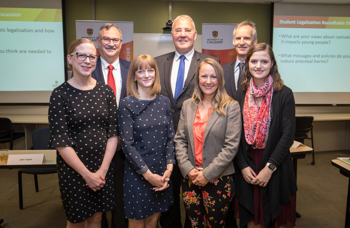 Taking part in the announcement were, back row from left: Jon Meddings, Bill Blair, Karim Khan. Front row, from left: Rebecca Haines-Saah, Emily Jenkins, Tanya Mudry, and Samantha Baglot.