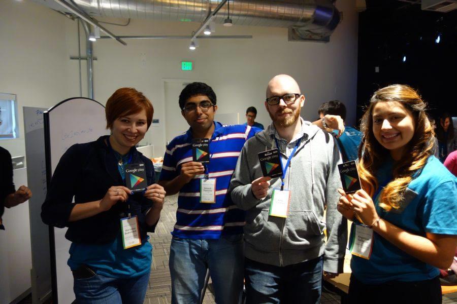 Computer science student Kody Dillman, second from right, and his hack-a-thon teammates at the Google Scholars' Retreat.
