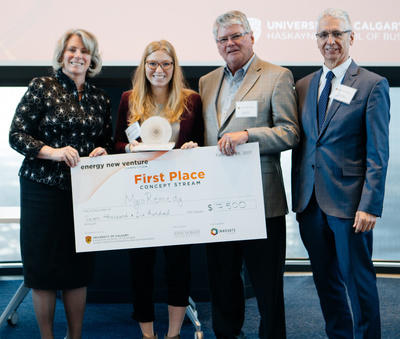 From left: University of Calgary President Elizabeth Cannon; Kelcie Miller-Anderson, founder of MycroRemedy and winner of the Concept Stream; Doug Hunter, president, Bluesky Equities Ltd.; and Jim Dewald, dean of the Haskayne School of Business.