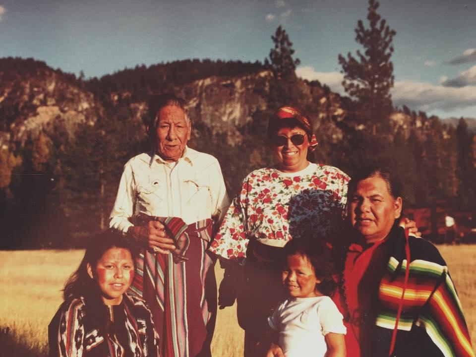 From left: Amelia Crowshoe's aunt, Anita Crowshoe; great-grandfather Joe Crowshoe, Sr.; grandmother Rosemary Crowshoe; grandfather Reg Crowshoe; and Amelia (front, right) when she was three or four years old.