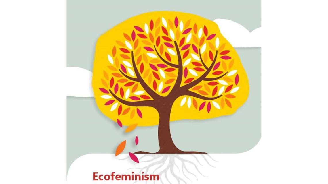 illustration of tree with falling leaves and words Ecofeminism