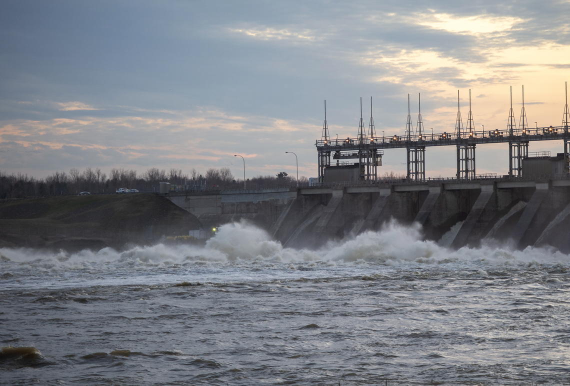 Water rushes through the Carillon Hydro electric dam in Québec. 