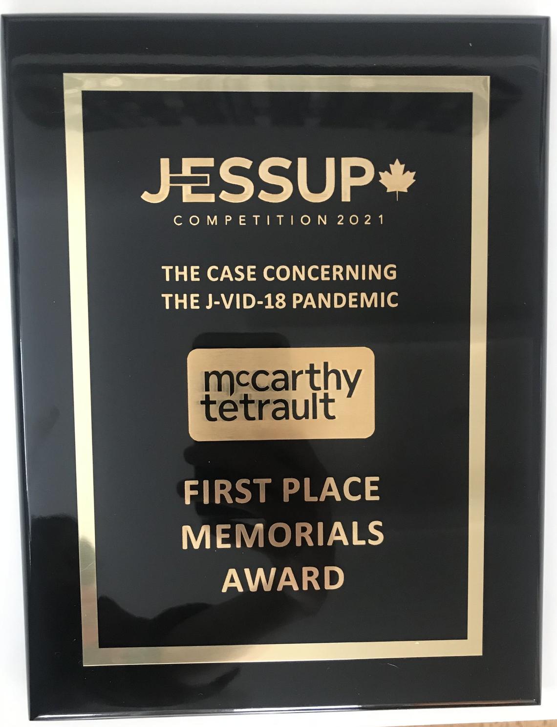 Jessup plaque for First Place Memorials Award