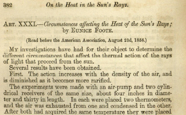 Eunice Foote, “Circumstances Affecting the Heat of Sun’s Rays”, in American Journal of Art and Science, 2nd Series, v. XXII/no. LXVI, November 1856, p. 382-383. Foote  conducted experiments in the 1850s that demonstrated CO2 levels would influence the Earth's temperature.