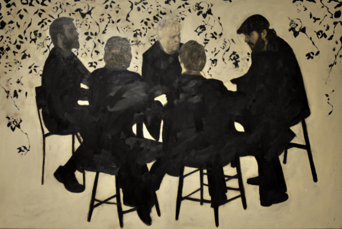 Brian Flynn, The Meeting, 2018. Oil and photo transfer on canvas mounted over plywood. Collection of Nickle Galleries, University of Calgary. 