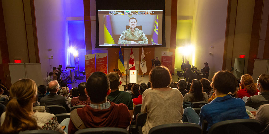 University of Calgary students attend a virtual video address by Ukrainian President Volodymyr Zelenskyy