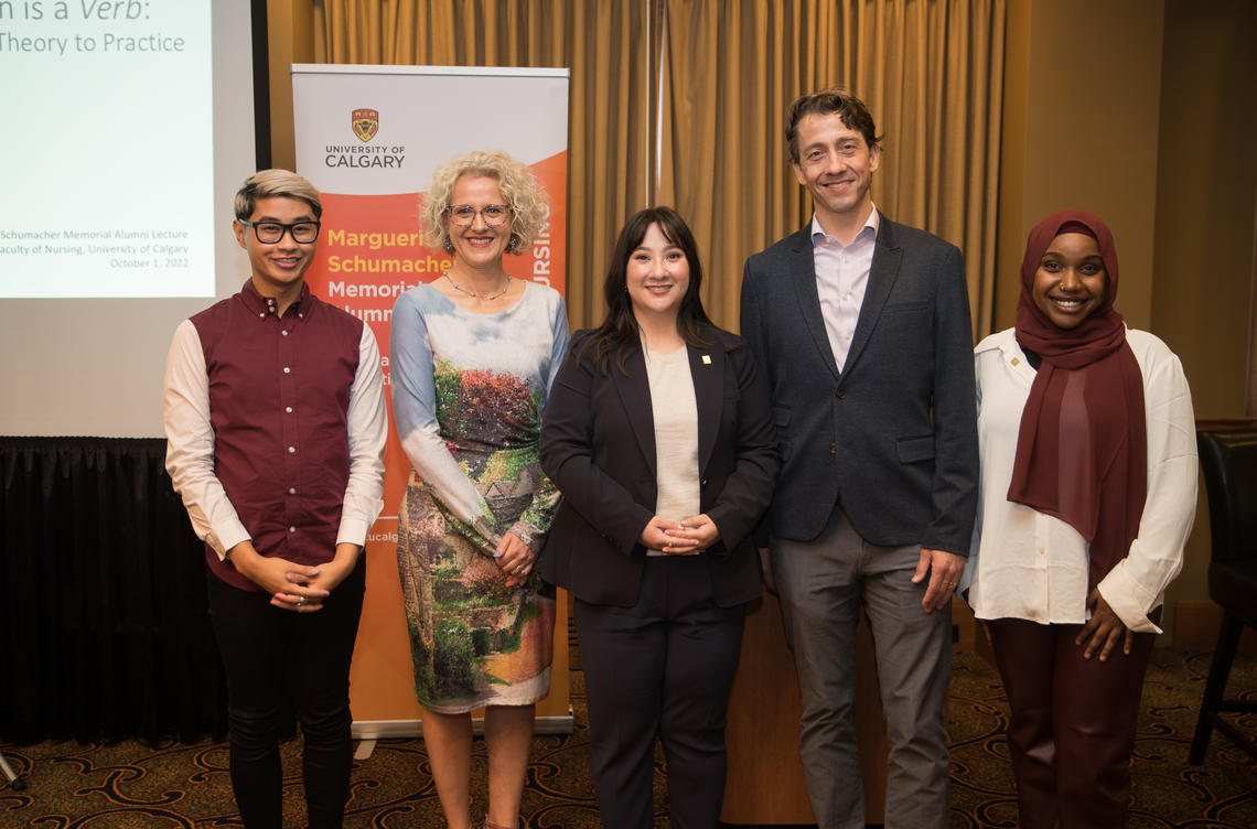 From left, MJ Calungcaguin BN'17, Dr, Sandra Davidson, Kate Wong BN'12, Dr. Shane Sinclair PhD;09, Chaltu Abdulrhman BN'21