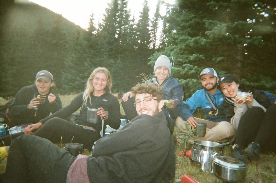 Leadership Expedition participants at campground: (from left to right): Dante Rea, Sophia Weston, Daylen Wathen, Campbell Laidlaw, Ann Tan. (in the middle): Conrad Carter.