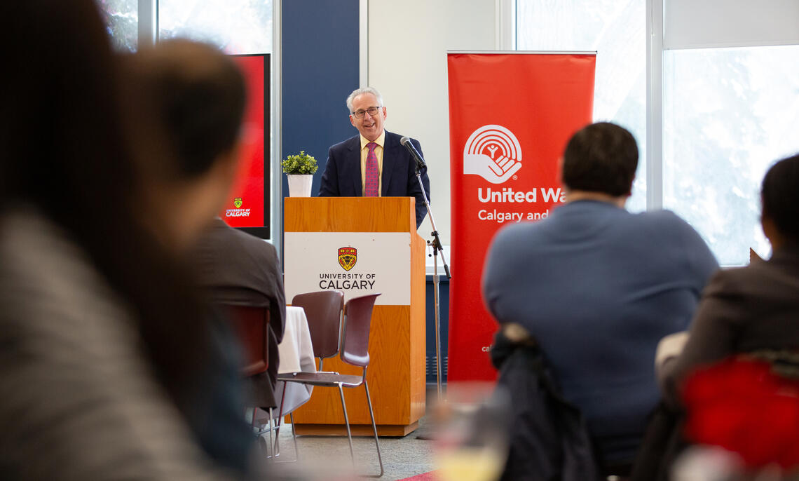 Ed McCauley, President and Vice-Chancellor of the University of Calgary addresses the guests at the United Way Wrap-up event.