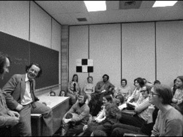Mordecai Richler visits the University of Calgary campus in 1974. UARC84.005.127.46
