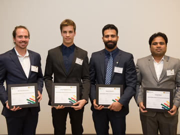 From left to right, Killam Postdoctoral Laureates: Dr. Michael Asmussen, Kinesiology; Dr. Jean-Baptiste Cavin, Cumming School of Medicine; Dr. Daniel Oloumi, Schulich School of Engineering; Dr. Tanaji More, Schulich School of Engineering