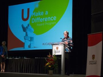 Dru Marshall, provost and vice-president (academic), lead the celebration of the 2019 U Make a Difference Awards recipients.