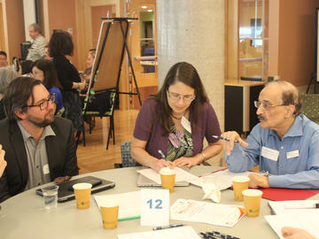 Group divides into round table discussions identifying ways to transform child health research. (from left to right) Dr. Nils Forkert, Dr. Jillian Parboosingh, Dr. Shabih Hasan.