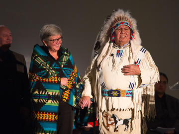 Dr. Dru Marshall and Hal Eagletail at the two-year anniversary of ii' taa'poh'to'p, UCalgary's Indigenous Strategy.