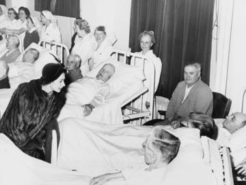 Princess Elizabeth and Prince Philip visiting veterans at Colonel Belcher Hospital, Calgary, Alberta