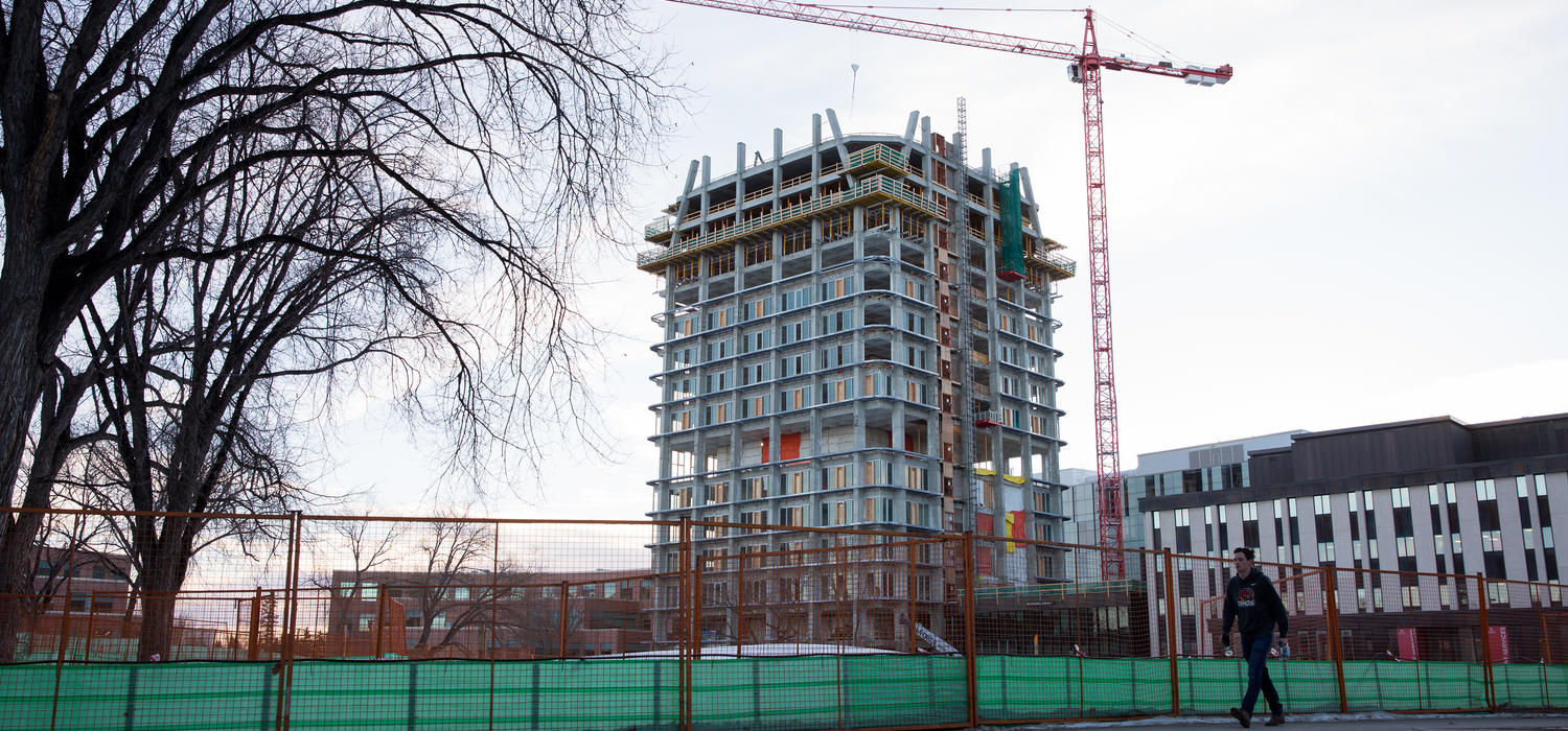 The redeveloped MacKimmie Tower, new link and block will be one of the most energy-efficient buildings on a Canadian post-secondary campus and strives to be net carbon neutral for annual operations. Photo by Riley Brandt, University of Calgary