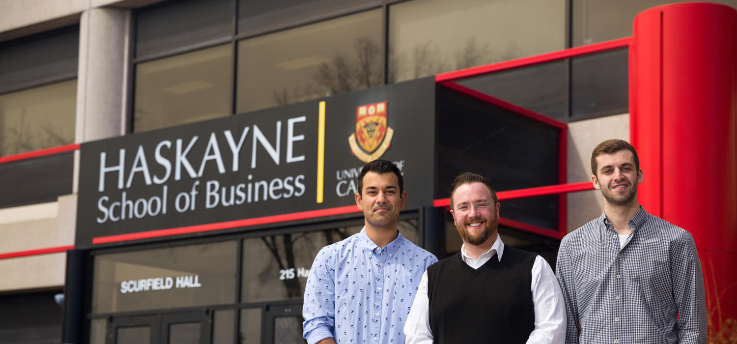 Haskayne School of Business real estate students, from left, Arun Heed, Cory Miles and Harry Brody. Miles will be the first to graduate with a Bachelor of Commerce concentration in real estate studies.