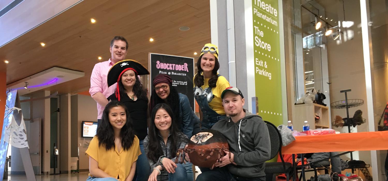 A peek at the world of parasites offered at Telus Spark's Monster Mash-up. From top left to bottom right: James Wasmuth, Yulieth Zapata, Camila Meira, Camila Queiroz, Susan Wang, Chenhua Li and Kyle Lesack (with the giant tick).